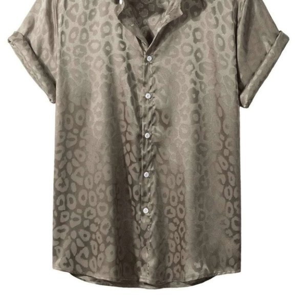 Grey Mens leopard print Button Up Tee Shirt - Picture 2 of 7